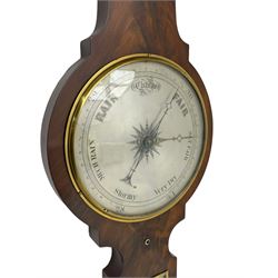 D Luvate of Preston - early Victorian mahogany mercury wheel barometer c1840, with a swan’s neck pediment and cavetto moulded square base, 8-inch silvered register calibrated in inches with a decorative star engraved centre, cast brass bezel and convex glass, with a steel indicating hand and brass recording hand, beneath a bowfronted Fahrenheit scale thermometer and hygrometer, rectangular spirit level signed D LUVATE, PRESTON.
Lacking recording hand button.
H109
Dominic Luvate is recorded as working as a barometer and looking glass maker in Friargate, Preston 1820-45
