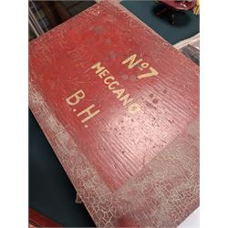 Mid 20th century Meccano outfit, including perforated strips, wheels, angled plate, boiler, flanged plates, no. 1 clockwork motor, etc, contained within red wooden box, with hand painted lettering to the cover reading 'No.7 Meccano B.H'