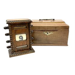 A small Victorian oak cased perpetual calendar with beaded and barley twist detail H16cm, together with a Georgian mahogany tea caddy.