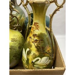 Continental hand painted vase, together with eight large Victorian vases, including some St Louis Artware examples and a pair painted with swans, tallest H50cm