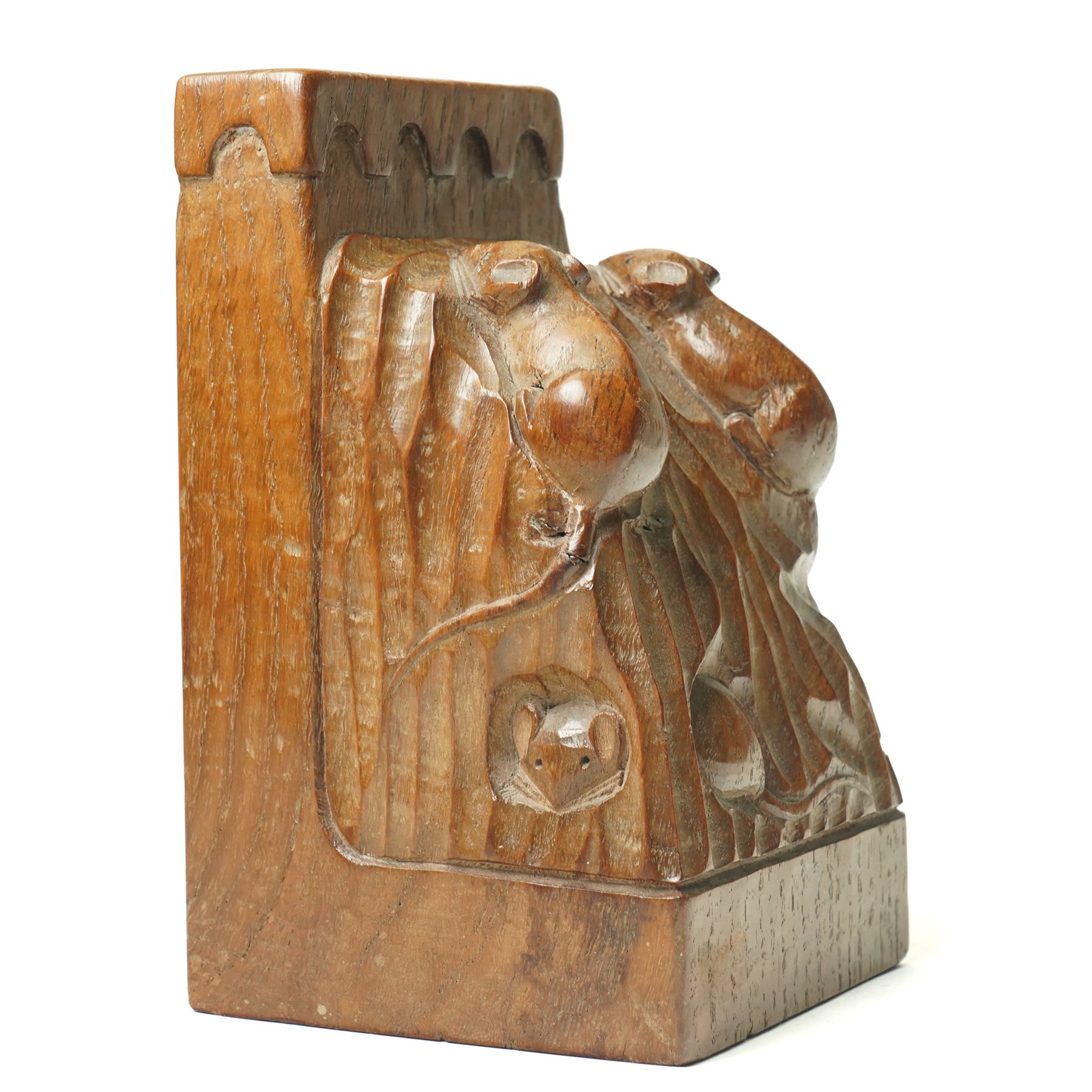 Mouseman - pair of oak triple mouse bookends, each carved and tooled with three mice, by the workshop of Robert Thompson of Kilburn H16cm