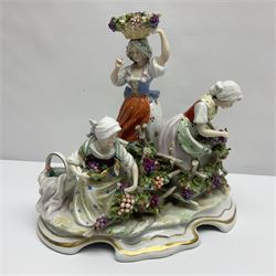 Continental figural centrepiece, modelled as a couple dancing below a pierced bowl, decorated in relief throughout with roses and foliage, together with two continental figure groups, one example depicting women collecting fruit and the other a group playing chess, centrepiece H38cm
