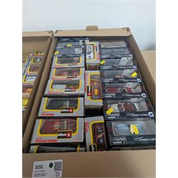 Collection of 1:43 scale diecast model vehicles, mostly Bburago, all boxed, in three boxes