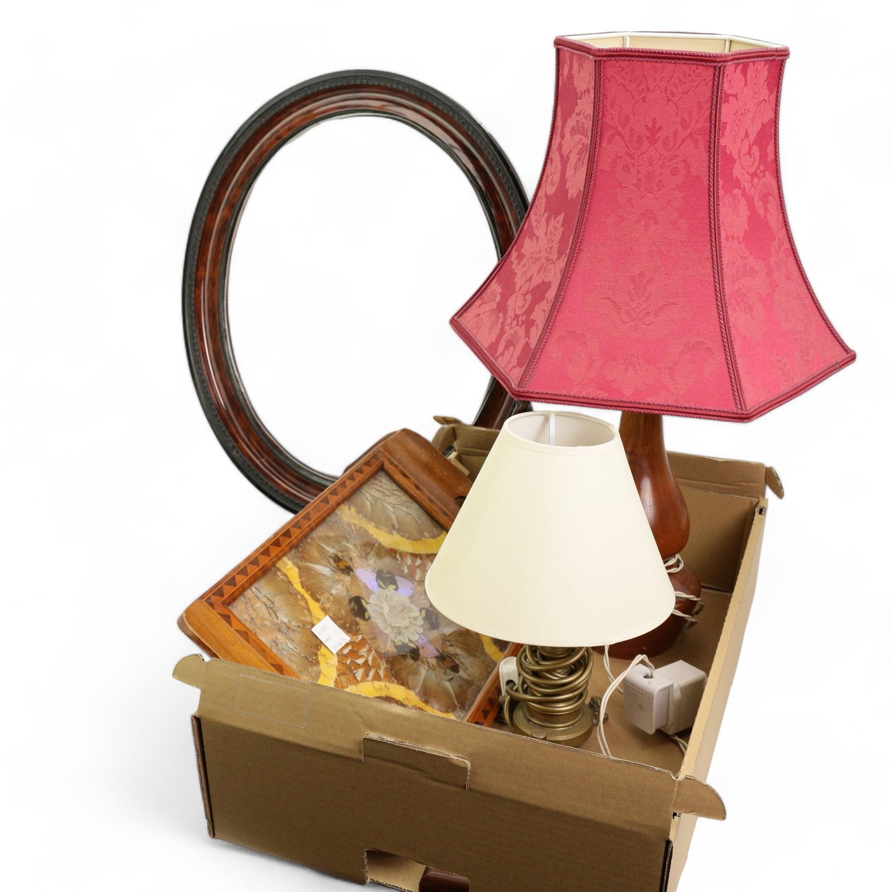 Vintage butterfly wing tray, brass table lamp with lion paw supports, oval mirror, barley twist table lamp, turned wooden table lamp etc, in one box