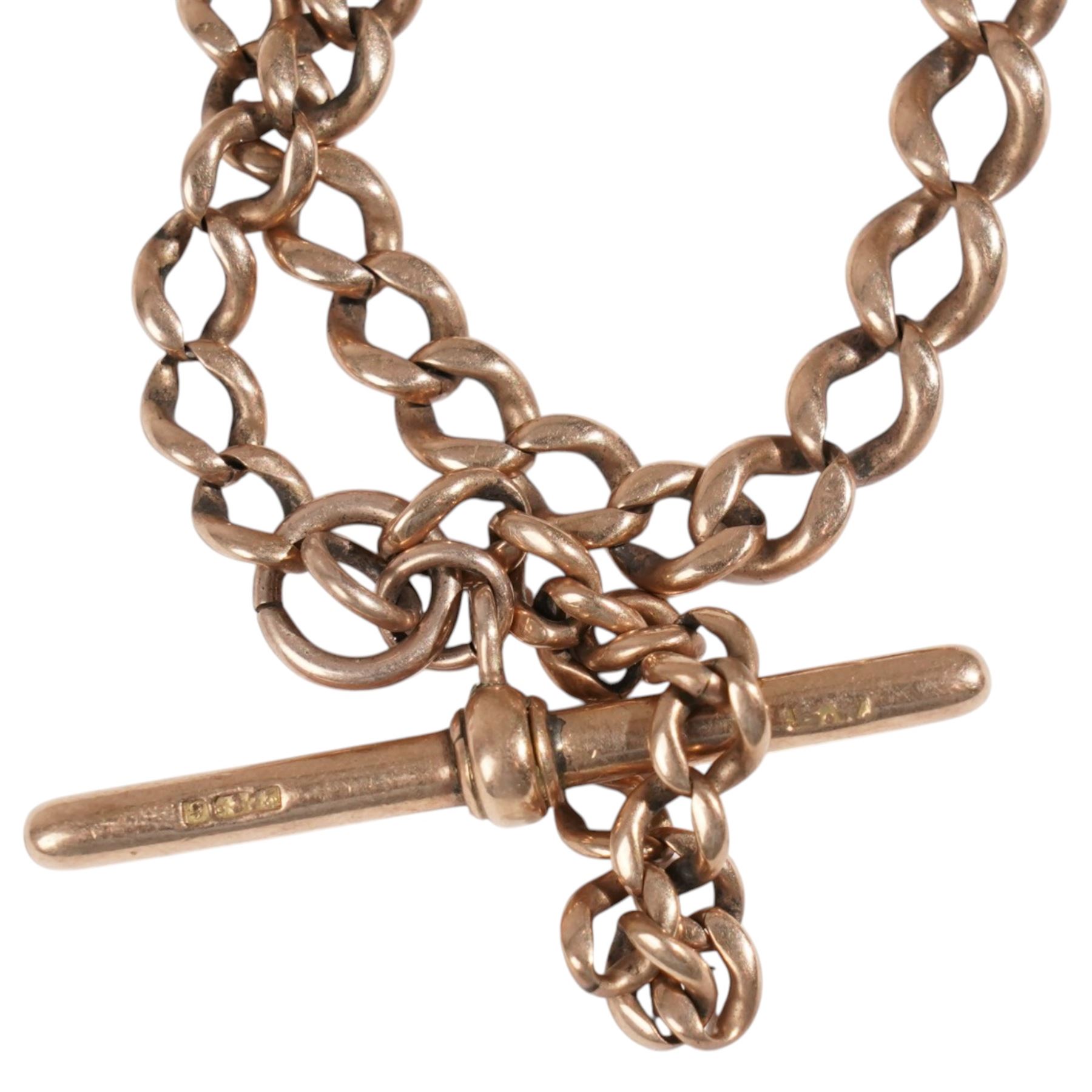 19th/ early 20th century 9ct rose gold Albert watch chain, with gilt lobster clasp
