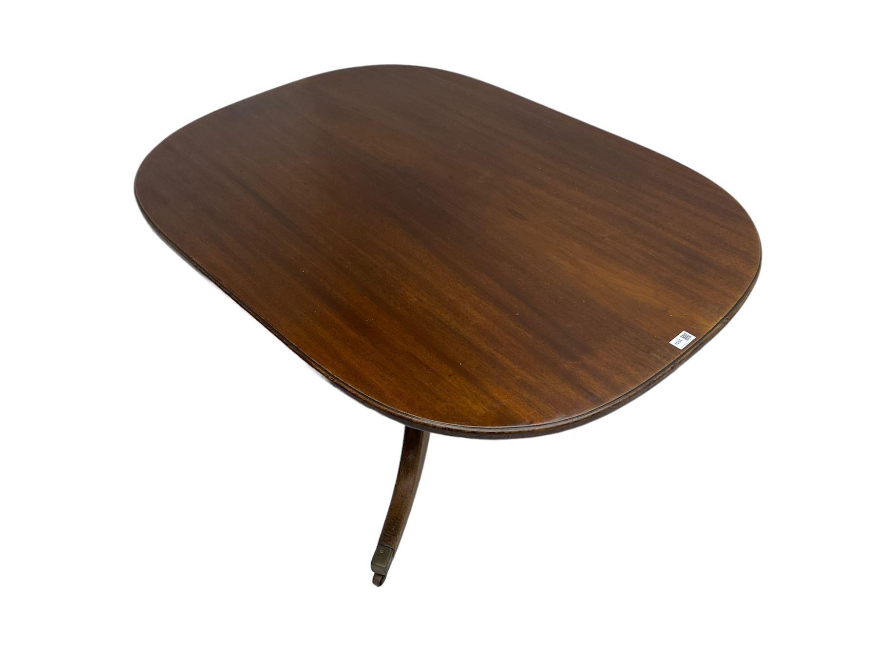 George III mahogany pedestal table, moulded tilt-top on turned column, three splayed supports with brass cups and castors