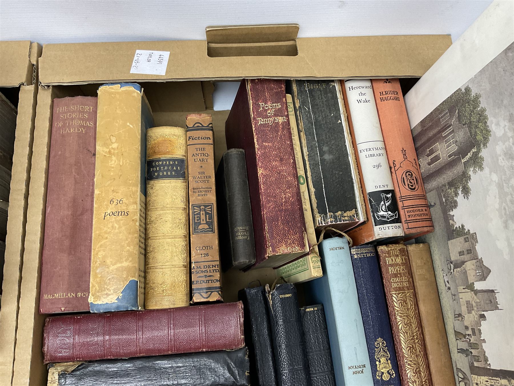 Collection of books to include Byron's Works, Hogarth's work, ten volumes by Sir Walter Scott Bart etc, in two boxes 