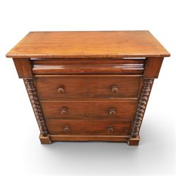 William IV style mahogany chest, rectangular moulded top over cushion-moulded frieze drawer and three long drawers with turned wooden handles, flanked by rope-twist turned pilasters, on plinth base