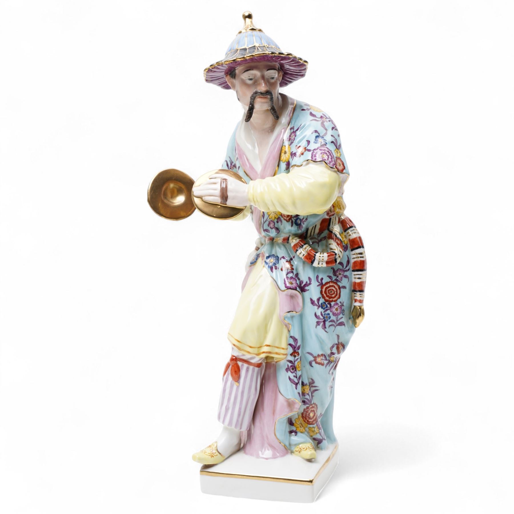 Pair of Continental polychrome Chinese male and female standing figures wearing floral robes H42cm