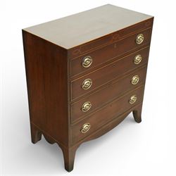 19th century Regency Revival inlaid mahogany chest, the plain rectangular top and frieze inlaid with geometric satinwood stringing, fitted with graduating long drawers fitted with pressed brass patera form handle-plates, on splayed feet with shaped apron