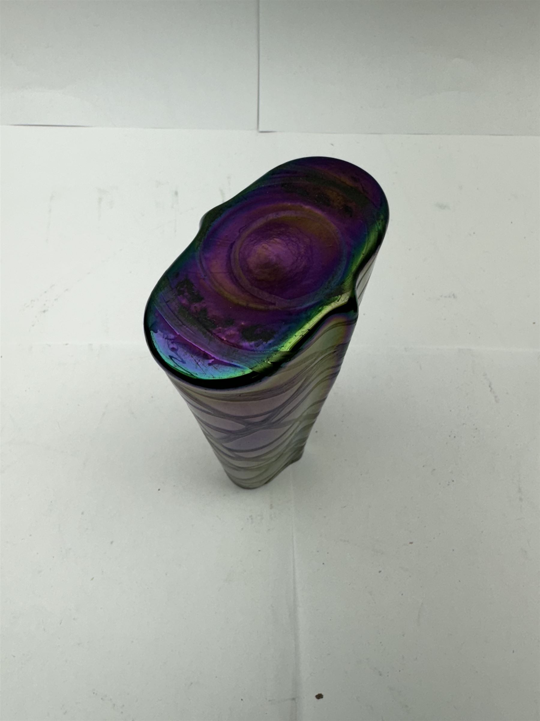 Five Austrian Art Nouveau purple glass vases, to include a Pallme-Konig example, of tapering form with matte vein decoration, and two similar pairs, tallest H16cm