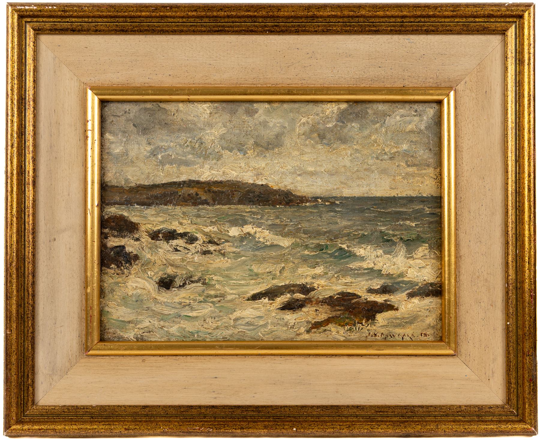 George Frederick Cutter (British 1940-): Sheep Resting in Tall Grass, pastel signed 17.5cm x 22.5cm; English School (19th century): Waves Breaking on a Rocky Coastline, impasto oil on board indistinctly signed max 19.5cm x 28cm