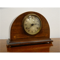  English Lever pocket watch movement No.1700, Edwardian inlaid mahogany mantel timepiece with key, H16cm a novelty warming pan 400 day battery clock and a Mi Ken novelty pig wall clock, (4)  
