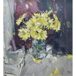 Don McKinlay (British 1929-2017): Yellow Daisies, oil on board signed with initials, indistinctly inscribed and dated 2007 verso 42cm x 38cm 