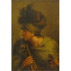  Dutch School (17th/18th century): Half length Portrait of a Violinist, oil on oak panel unsigned 17cm x 12cm  