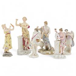 Six continental classical figures, including two French examples Janvier and Jun depicting winged figures holding a painted zodiac sign, with spurious marks beneath, tallest H17cm