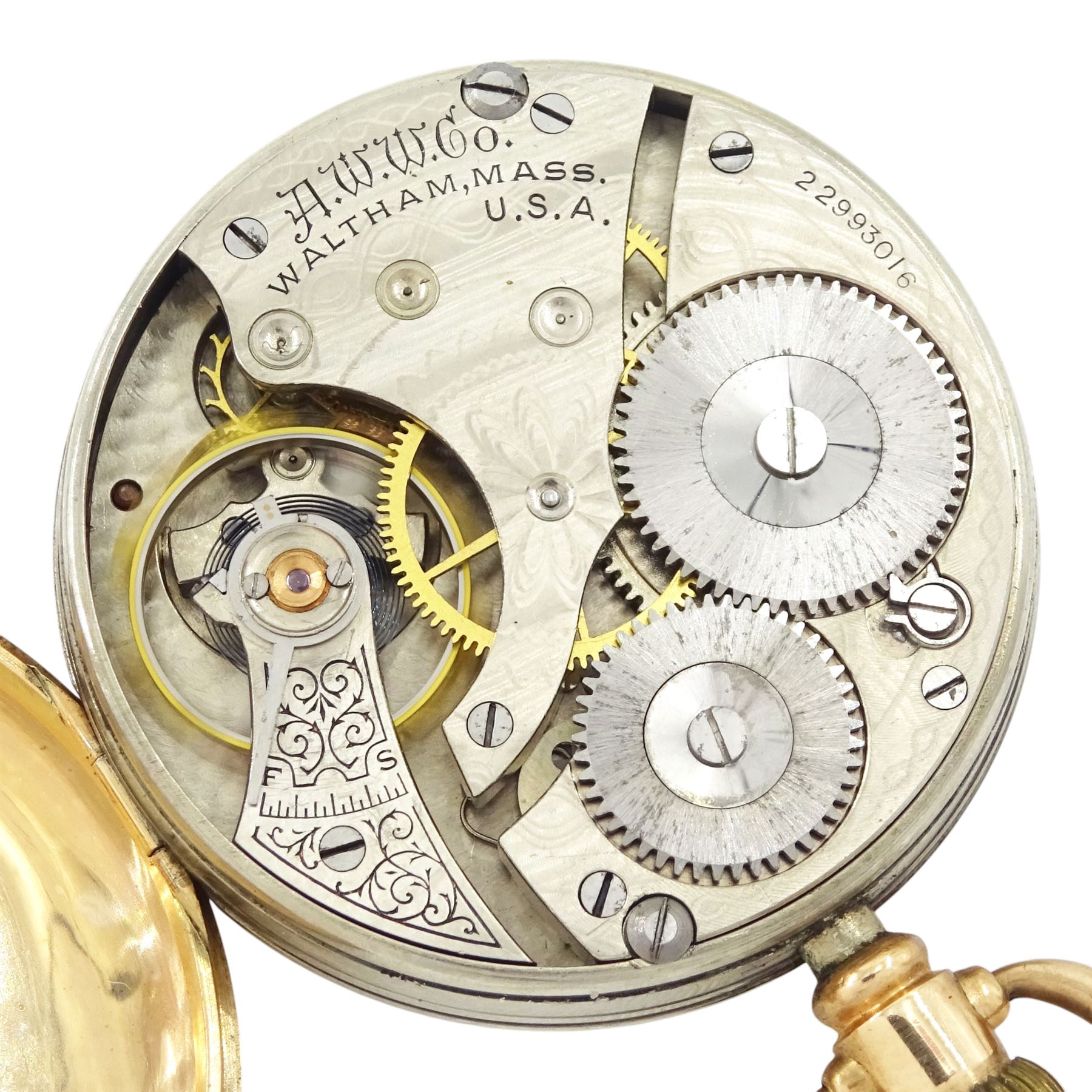 Early 20th century 9ct gold open face keyless lever pocket watch by American Watch Company, Massachusetts, No. 22993016,  white enamel dial with Arabic hour markers and subsidiary seconds dial, case by Dennison, Birmingham 1923