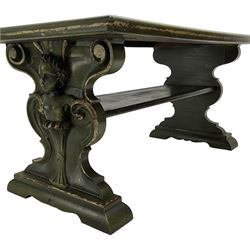 Italian design coffee table in green marbled finish, moulded rectangular top over shaped end supports mounted by putti caryatids and scrolls, stepped and moulded sledge feet