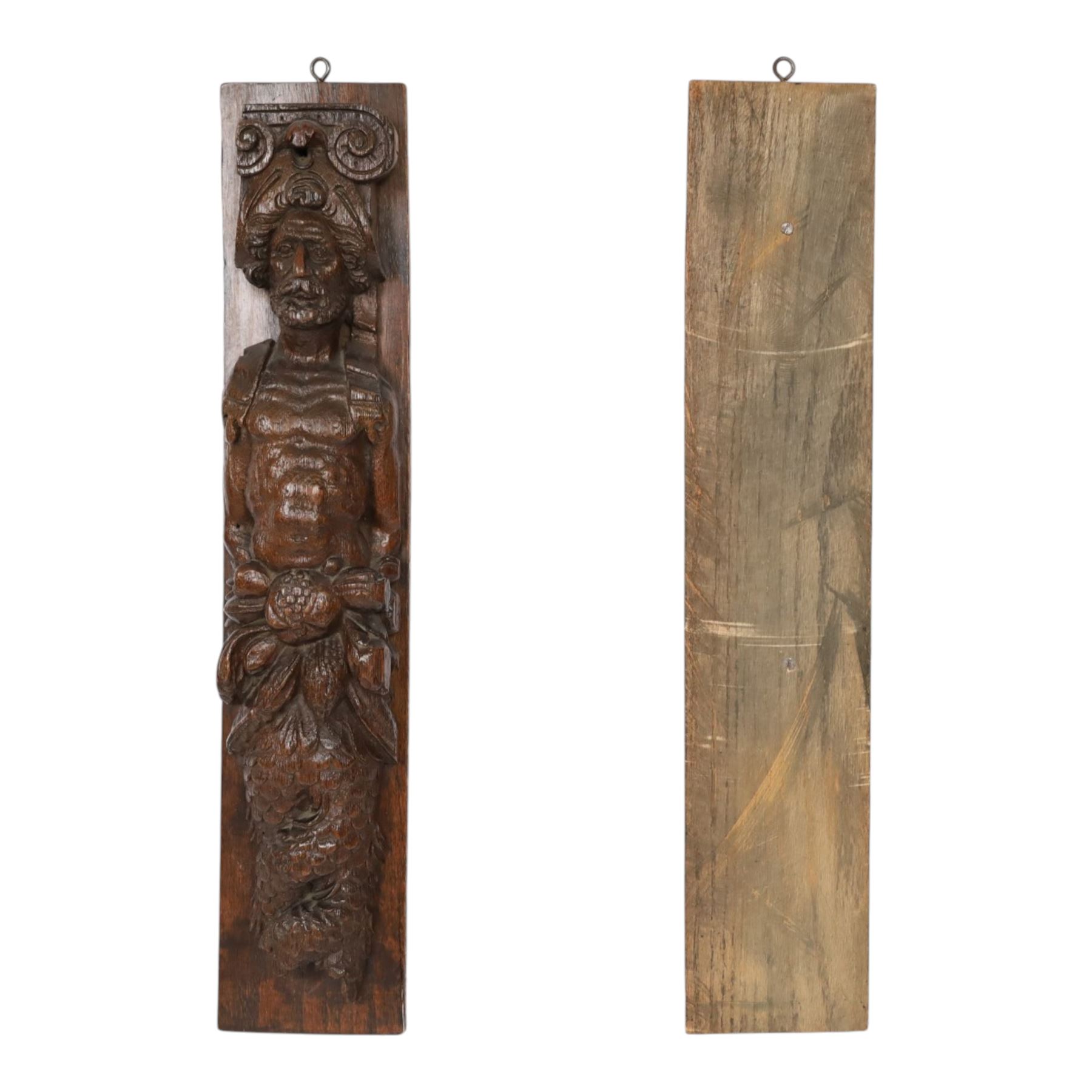 Pair of 17th century carved oak terms, each depicting a male figure in headpiece, with fish tail beneath fruits, 51.5cm