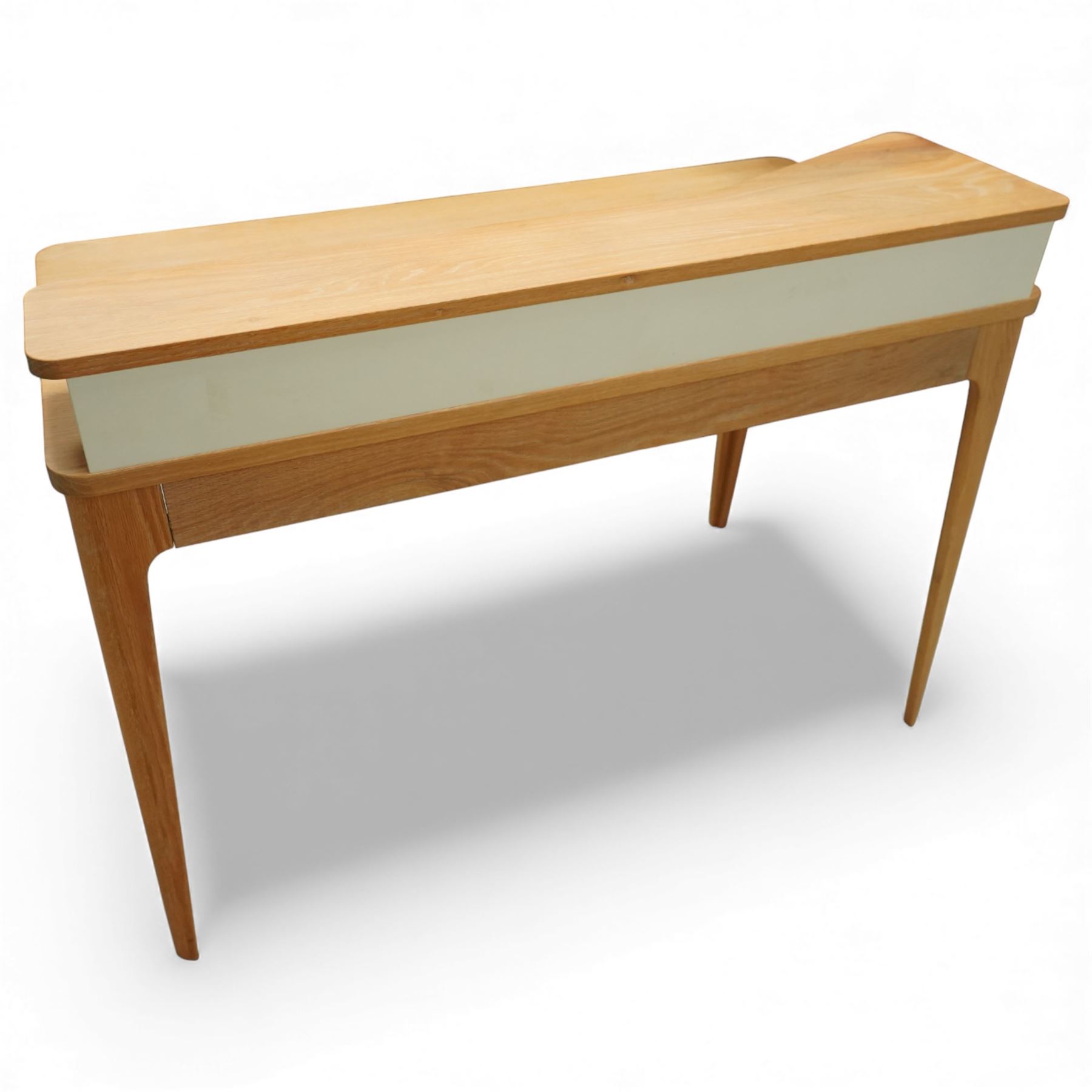 Ebbe Gehl for John Lewis - ‘Mira’ oak desk, rectangular top with raised twin-shelf gallery in contrasting cream finish,  single central drawer with recessed pull, on tapered supports