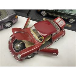 Three Maisto Special Edition 1:18 scale die-cast models - Porsche 550A Spyder, Jaguar 'S' Type and Ferrari 550 Maranello; all boxed; five other unboxed Maisto/Bburago 1:18 scale models; and two Classic Collection lead crystal models of Classic Cars (10)