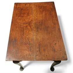 Early 18th century Georgian oak single drawer side table, the rectangular top over a single frieze drawer with pierced brass escutcheon and handles, shaped apron, raised on cabriole legs with pad feet
