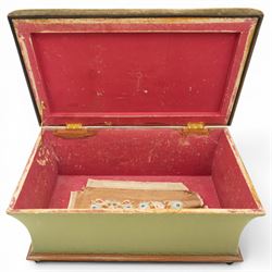 Victorian Ottoman with tapestry cover, with multicoloured geometric needlepoint cover, hinged to reveal a pink paper lined interior, the base covered in green velour fabric, raised on later castors