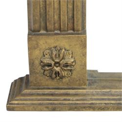 Late 20th century neoclassical style gilt wall mirror, the moulded cornice above a plain frieze centred with foliate mount, fluted pilaster sides with applied ornament, on moulded plinth base surrounding a rectangular mirror plate