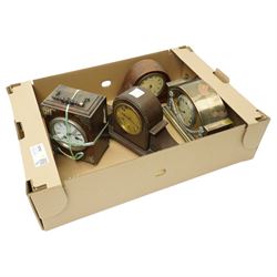 Mantel timepiece with French movement in plated case H16cm, another in mahogany case and t...