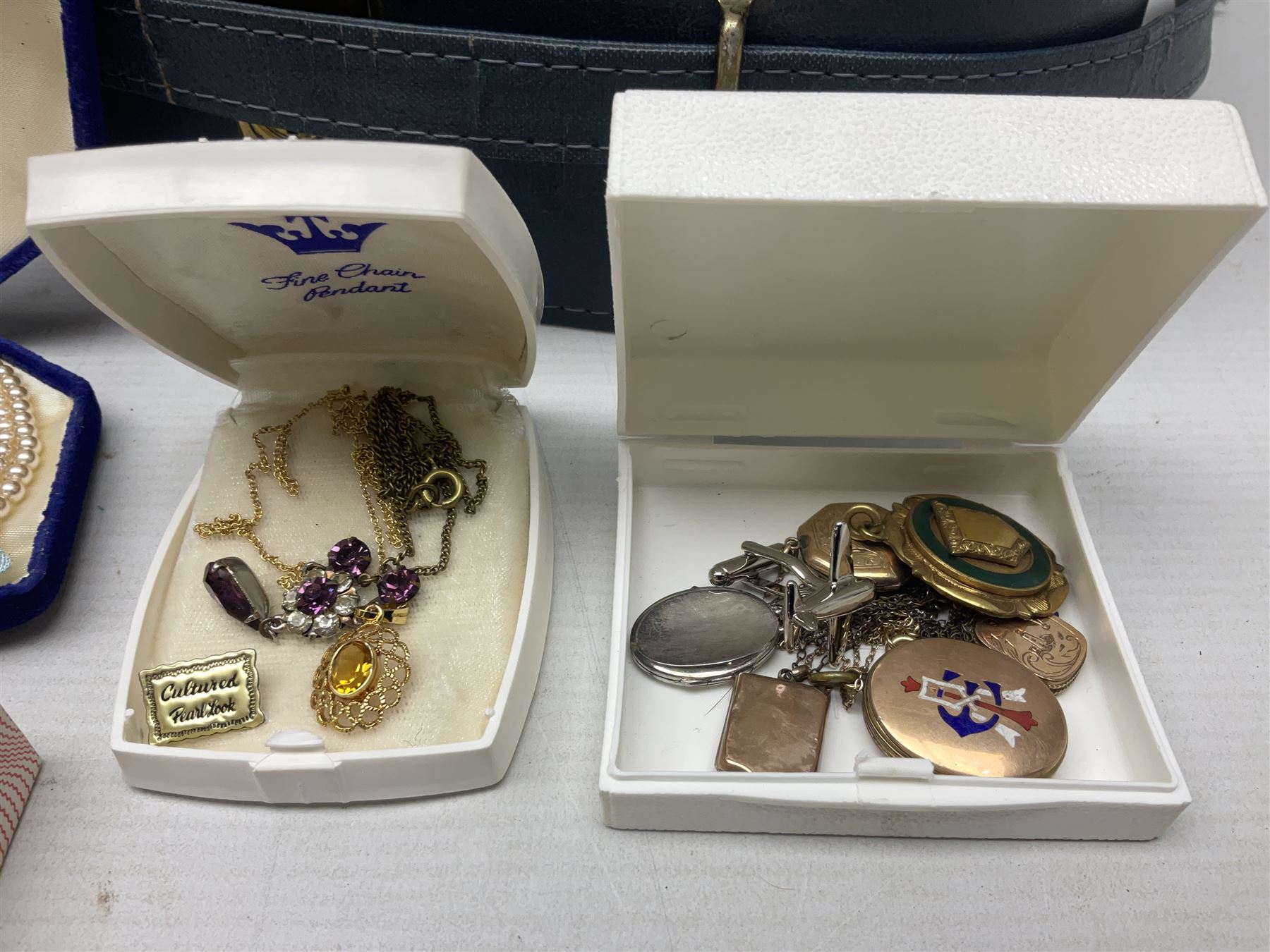 Victorian and later jewellery including silver thimble, rolled gold pendants, earrings and brooches and a collection of wristwatches including Sekonda, The Westminster Collection Historic Timepieces Spitfire pocket watch etc