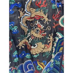 Late 19th, early 20th century Chinese full length, sleeveless silk gown, embroidered with dragons chancing flaming pearl and birds in flight, L105cm