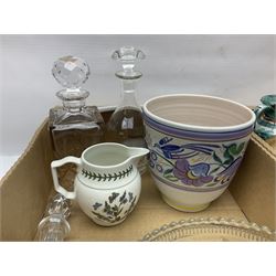 Portmeirion Botanic Garden jug, Poole Pottery planter, Denby coffee pot, Wedgwood Jasperware trinket box, Le Creuset oven dish and a collection of other ceramics, etc, in four boxes 