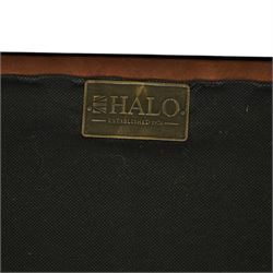 Timothy Oulton for Halo - three seat chesterfield sofa, deep button tufted back and arms in tan leather, loose seat cushions, studded detail to the scrolled arms and lower frieze, raised on turned bun feet