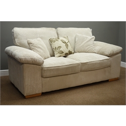  Pair two seat sofas upholstered in cream jumbo cord fabric with scatter cushions, W185cm, D98cm  