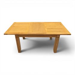 Contemporary oak dining extending table and set of six chairs, with additional leaf  extending to 182cm, chairs with cream upholstered seat
