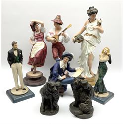 A group of painted spelter figures, to include a pair modelled as a dancer and musician, H40cm,a female figure in white classical robe, H45cm, plus two bronzed figures modelled as a young boy with dog, and young girl with dog, H16cm, and a pair composite figures modelled as a suited man and women in evening dress, H28.5cm.  