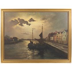 Continental School (20th Century): Harbour Scene, oil on canvas board indistinctly signed 58cm x 78cm; E Atkins (19th Century): Pastoral Scene, oil on canvas indistinctly signed and dated 1879, in gilt frame, 30cm x 60cm (2)