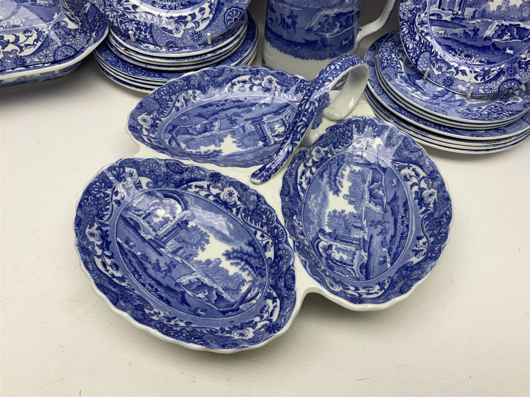 Copeland Spode Italian pattern tea and dinner wares, including hor d'oeuvres dish, tureen and cover, coffee pot, six coffee cans and saucers, etc, all with blue printed marks beneath (40)