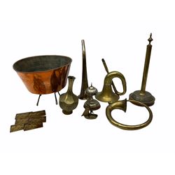 Collection of metalware, including a set of three moon flasks, a collection of metal tins, a jam pot etc. 
