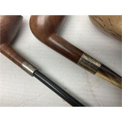 Collection of eight silver mounted pipes, comprising a briar wood Imperial ITC example with silver collar hallmarked A.W Birmingham 1903, horn handled example with silver collar hallmarked LB, probably Louis Blumfeld, Birmingham 1900, three examples marked B.W, one marked Globe A.O.C, Blumfeld's Best Briar pipe marked BBB and Riseagle example, together with two further pipes (10)