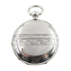 19th century silver full hunter dual time, key wound lever railroad pocket watch by Charles Frodsham, the inner dust cover engraved 'Chs Frodsam Liverpool Double Time Piece', dual dials with Roman and Arabic numerals and a subsidiary seconds dial, the case with engraved with a train entering a tunnel and numbered 10684