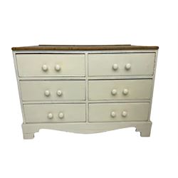 19th century painted pine chest, fitted with six drawers, stripped and waxed plank top, on bracket feet