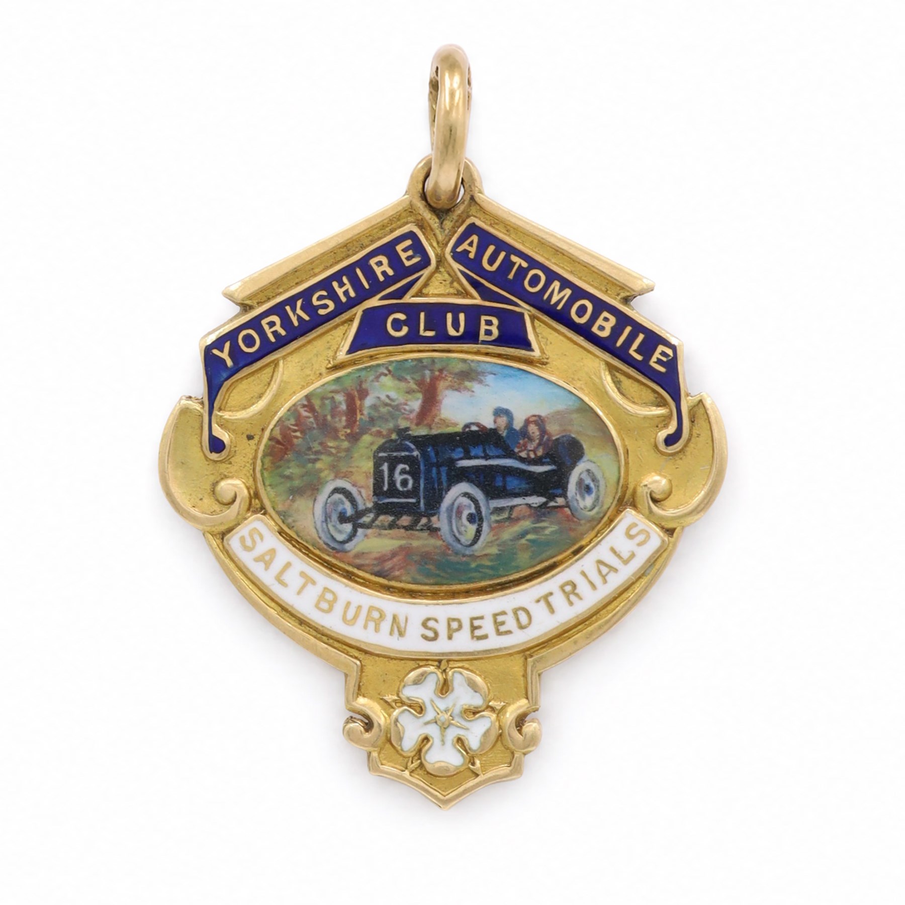 Early 20th century 18ct gold enamelled Yorkshire Automobile Club Saltburn Speed Trials, the reverse engraved 'R.A.C Cup J. S. Atkinson', Birmingham 1913