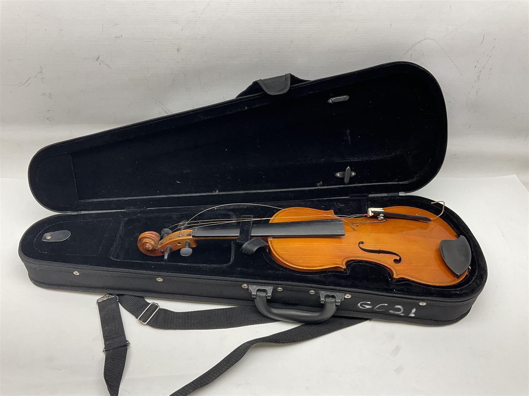 Four student violins - two Chinese three-quarter size with 33.5cm and 34cm two-piece backs; Stringers of Edinburgh quarter size with 28cm two-piece back; and Stentor quarter size with 28cm two-piece back; each in carrying case (4)