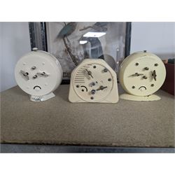 Three Smiths children's alarm clocks, including Noddy, two school adding clocks, Smiths ceramic plate wall clock, Francis Early Bird clock and an Art Deco triangular clock