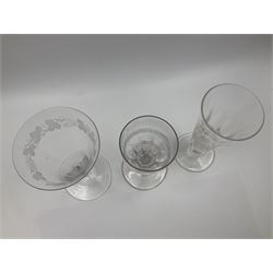 Three mid 18th century wine glasses, comprising bucket bowl upon stem with medial ball knop and folded foot, ogee bowl engraved with barley upon balustroid stem and domed foot, and bell shaped bowl engraved with fruiting vine upon knop stem, together with two late 18th/early 19th century slice cut glasses and Edwardian wine glass, the funnel bowl wheel engraved with grape vines and tendrils, and four similar furthers, tallest H24.5cm (10)