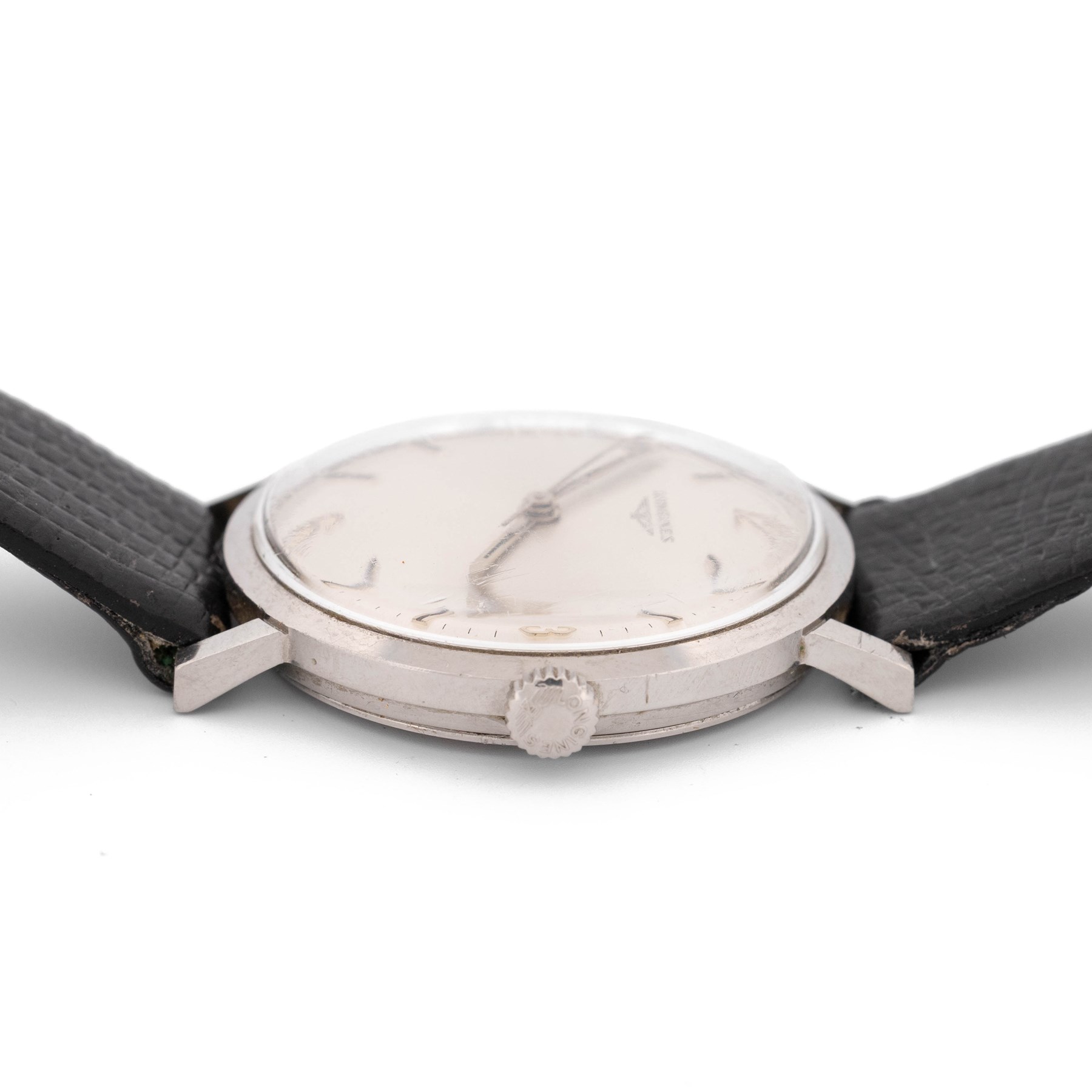 Longines gentleman's stainless steel manual wind wristwatch, circa 1960's, Ref. 7839 3, Cal. 284, silvered dial with baton and Arabic hour markers, on black leather strap