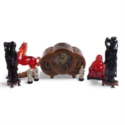 Pair of Chinese figures, modelled as Shou Xing and Quan Yin, togehter with a carved wooden...