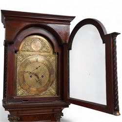 James Gordon of Perth -  8-day mahogany longcase c1790, in a mahogany case with a flat pediment hood and shallow cornice, break arch hood door beneath with matching spiral turned pilasters, trunk with full length conforming spiral pilasters and large brass Corinthian capitals, flat topped trunk door with  crossbanding, inlaid spandrels and an oval fan inlay to the centre, square plinth with matching inlay and a shaped base, brass dial with cast spandrels and circular boss with the makers name to the arch, engraved dial centre with seconds and calendar dials, chapter with Roman numerals, five minute Arabic's and steel hands, dial pinned to a rack striking movement sounding the hours on a bell. With weights and pendulum.  
James Gordon was a respected Scottish clock & watchmaker, granted the liberty to exercise his trade in Perth by the Incorporation of Hammermen on July 1st 1771. Died c1810.

This item has been registered for sale under Section 10 of the APHA Ivory Act

