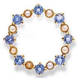 Early 20th century 15ct gold sapphire and pearl circular brooch, set with alternate round ...